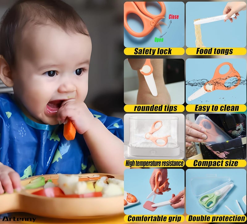 Artenny Baby Food Scissors with Travel Case and Tongs Set, Fully Detachable Ceramic Kids Food Scissors with Safety Lock, Dishwasher Safe, Ideal for Noodles, Meats, Vegetables, Pizza and Fruits (B) - Image 4